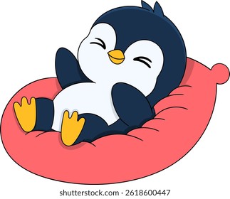 Adorable cartoon illustration of a happy baby penguin lying down comfortably on a soft pink pillow, enjoying relaxation time