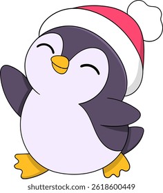 Adorable cartoon illustration of a happy baby penguin wearing a red Santa hat, smiling cheerfully. The playful and festive