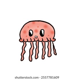 Adorable cartoon illustration of a jellyfish with a playful expression and vibrant colors, depicted in a whimsical and cheerful style ideal for children’s designs, aquatic themes, or creative projects