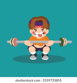 An adorable cartoon illustration of a kid lifting weights with determination. Perfect for fitness-related themes or children’s content.