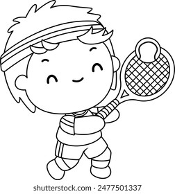 Adorable cartoon illustration of a kid playing tennis in black and white coloring