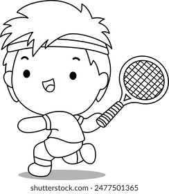 Adorable cartoon illustration of a kid playing tennis in black and white coloring