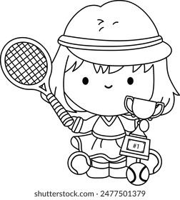 Adorable cartoon illustration of a kid playing tennis in black and white coloring