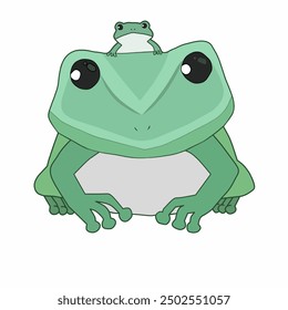 Adorable cartoon illustration of a large frog with a baby frog sitting on its head. Perfect for children's books, educational materials, and playful designs.