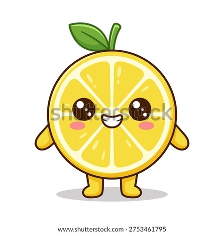Adorable cartoon illustration of a lemon slice character with big eyes, a happy smile, and rosy cheeks. Perfect for children books, educational materials, and food related designs.