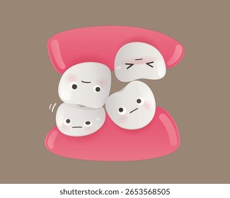 Ilustração de desenho animado adorável de dentes desalinhados, problemas de gengiva e sensibilidade dos dentes. Perfeito para tópicos de cuidados dentários, com personagens expressivos e um estilo suave e convidativo. Dor de dente. Dor dentária