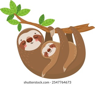 Adorable cartoon illustration of a mother sloth lovingly holding her baby while hanging upside down from a tree branch, enjoying a peaceful moment together