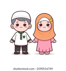 Adorable Cartoon Illustration of Muslim Boy and Girl in Traditional Islamic Attire with Hijab and Kufi