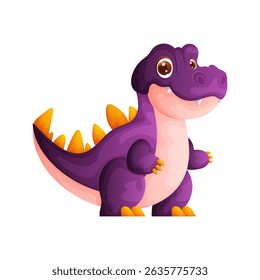 Adorable cartoon illustration of a purple baby dinosaur with big brown eyes and bright yellow spikes. Perfect for childrens books and cheerful designs.
