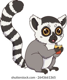 An adorable cartoon illustration of a ring-tailed lemur. The cute animal is sitting down and eating a piece of fruit, with its long, striped tail curled up. 