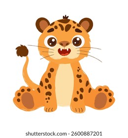 Adorable cartoon illustration of a sitting leopard with bright eyes, spotted fur, and a playful smile on a white background. Cute Cartoon Leopard with Spots