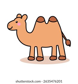 Ilustração de desenho animado adorável de um camelo Bactriano sorridente com duas corcovas. Personagem animal desértico bonito ideal para desenhos infantis, conteúdo educacional ou temas de viagem. Arte isolada em estilo vetorial.
