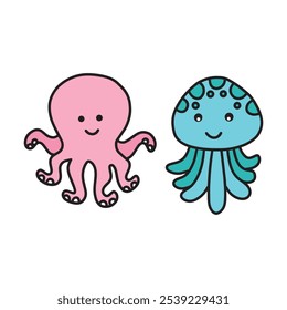 Adorable cartoon illustration of a smiling octopus and jellyfish on a white background, perfect for kids' projects and ocean-themed designs.