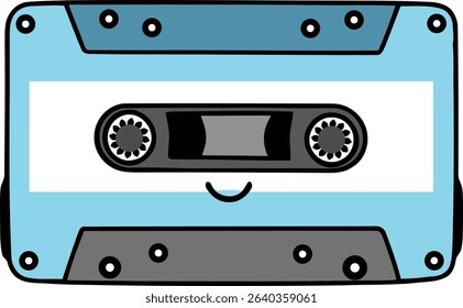 Adorable cartoon illustration of a smiling retro audio cassette tape in cheerful blue and gray colors. Perfect for designs celebrating music, nostalgia, 80s or 90s themes, and vintage pop culture.