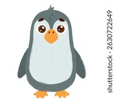 Adorable cartoon illustration of a standing penguin with big brown eyes, a bright orange beak, and flippers on a white background. Cute Cartoon Penguin with Big Eyes