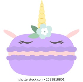 Adorable cartoon illustration of a sweet purple macaron decorated as a unicorn with closed eyes, a golden horn, small ears, and a light blue and green flower crown, perfect for children s designs