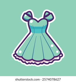 An adorable cartoon illustration of a turquoise dress with white trim, set against a white background. Perfect for fashion-themed designs and playful artwork.