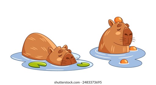 Adorable Cartoon Illustration Of Two Capybaras Enjoying Relaxing Time In Water. Vector Concept For Nature, Relaxation