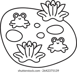 Adorable cartoon illustration of two frogs and water lilies on a lily pad.  Perfect for children's books, coloring pages, or educational materials.
