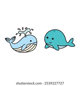 Adorable cartoon illustration of two playful whales on a plain white background.