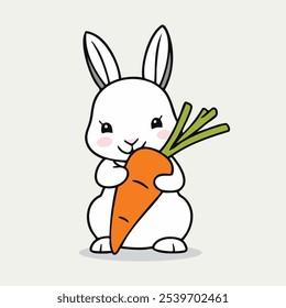 Adorable cartoon illustration of a white bunny holding a large carrot, perfect for children’s content, Easter themes, or animal designs.
