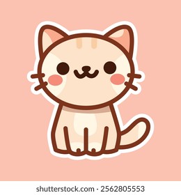 An adorable cartoon illustration of a white cat sitting with a content expression, set against a brown background. Ideal for pet-themed designs and children's content.