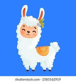 Adorable cartoon illustration of a white fluffy alpaca wearing a small flower accessory and an orange blanket on a blue background. Cute Alpaca with Flower Accessory and Blanket