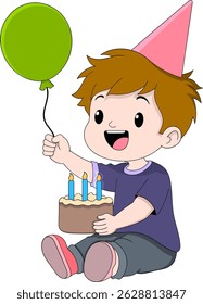 Adorable cartoon illustration of a young boy sitting down while holding a birthday cake and a colorful balloon