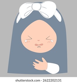 Adorable cartoon illustration of a young girl in a hijab, depicted with a simplistic style, conveying sadness and vulnerability.