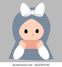 Adorable cartoon illustration of a young woman in a hijab, playfully holding a rectangle.  Minimalist style, soft color palette, conveying positivity and modern style.