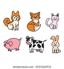 Adorables ilustraciones de dibujos animados de un perro, zorro, gato, cerdo, vaca y conejo en un estilo divertido y simple.