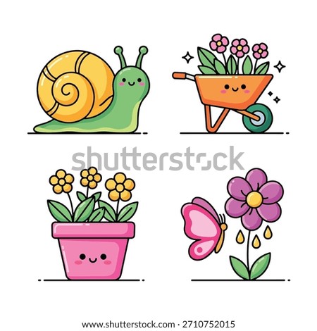 Adorable cartoon illustrations featuring a friendly snail, a smiling wheelbarrow with flowers, a happy potted plant, and a charming butterfly near a bloom.
