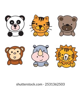 Adoráveis ilustrações de desenhos animados de um panda, tigre, urso, macaco, rinoceronte e leão em um estilo divertido e bonito.