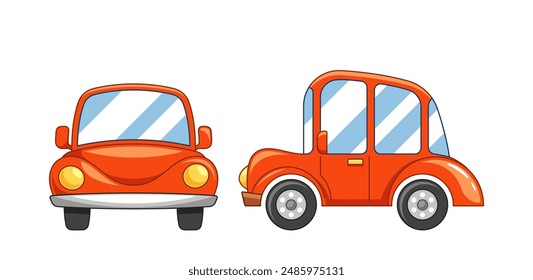 Adorable Cartoon Illustrations Of A Red Car, Shown In Front And Side View. Perfect For Children Design Projects