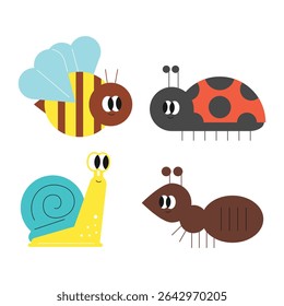 Adorable Cartoon Insects Bee, Ladybug, Snail, and Ant