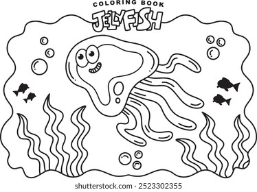 Adorable Cartoon Jellyfish Illustration for Kids Coloring Book Fun Underwater Creature Drawing Simple and Cute Ocean Animal for Children’s Coloring Pages