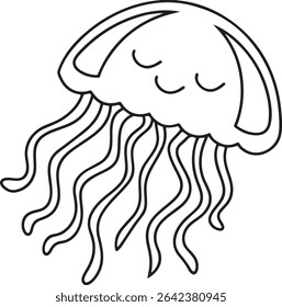 Adorable cartoon jellyfish illustration, outlined in black and white.  Perfect for children's books, educational materials, or whimsical designs.