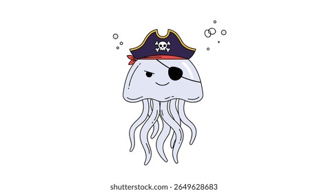 Adorable cartoon jellyfish pirate with eyepatch and pirate hat floating merrily
