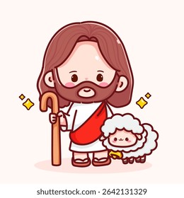 Adorable cartoon Jesus character in red and white robe, holding shepherd’s staff and standing beside a fluffy sheep. Great for Christian and faith-based illustrations.