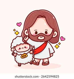 Adorable cartoon Jesus gently touching a happy sheep, surrounded by hearts and sparkles. Ideal for faith, love, and Christian-themed designs.