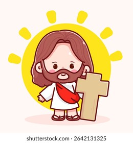 Adorable cartoon Jesus in white robe with red sash, holding a wooden cross, glowing with bright yellow sunlight behind. Perfect for Easter, Christian themes, or religious designs.
