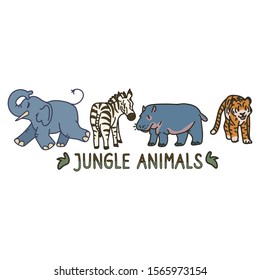 Adorable Cartoon Jungle Animal Clip Art. Safari Tiger Icon. Hand Drawn kawaii Zebra and Vector Hippo Motif Illustration Doodle In Flat Color. Isolated Elephant, Nursery and Childhood Character. 