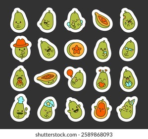 Adorable cartoon kawaii papaya fruit character set featuring various emotions, cute accessories, and playful expressions perfect for food themed illustrations and for yours creative designs