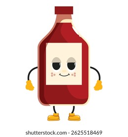 Adorable cartoon ketchup bottle character with big eyes, smiling and standing, ideal for food and beverage projects