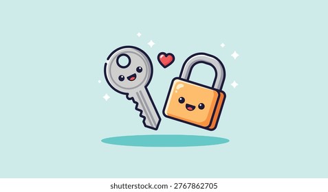 Adorable cartoon key and padlock with a small red heart, symbolizing security, love, and protection on a light blue background.