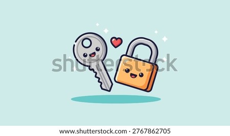 Adorable cartoon key and padlock with a small red heart, symbolizing security, love, and protection on a light blue background.