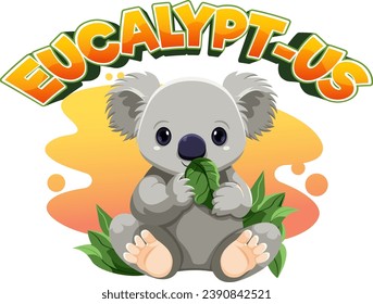 Adorable cartoon koala munching on eucalyptus leaves