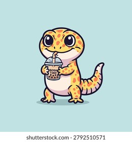 Adorable cartoon leopard gecko with big eyes happily sips a boba tea, a fun and whimsical illustration on a light blue background.