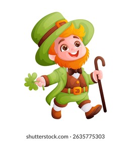 Adorable cartoon leprechaun, dressed in green, walking with a clover in hand and a cane. A festive illustration perfect for St. Patricks Day celebrations.