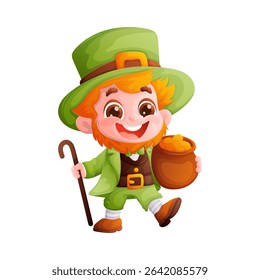 Adorable cartoon leprechaun in green suit and hat, holding a pot of gold and a walking stick, perfect for St. Patricks Day celebrations and designs.